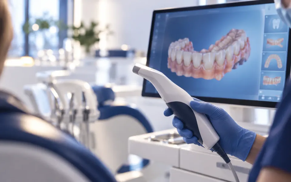 Intraoralscanner erfasst einen Backenzahn, daneben das 3D-Modell auf dem Bildschirm