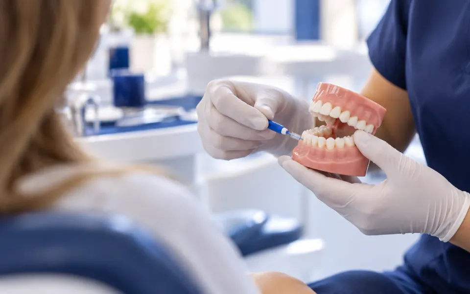 Zahnmedizinische Fachassistentin zeigt einer Patientin die richtige Anwendung von Interdentalbürstchen